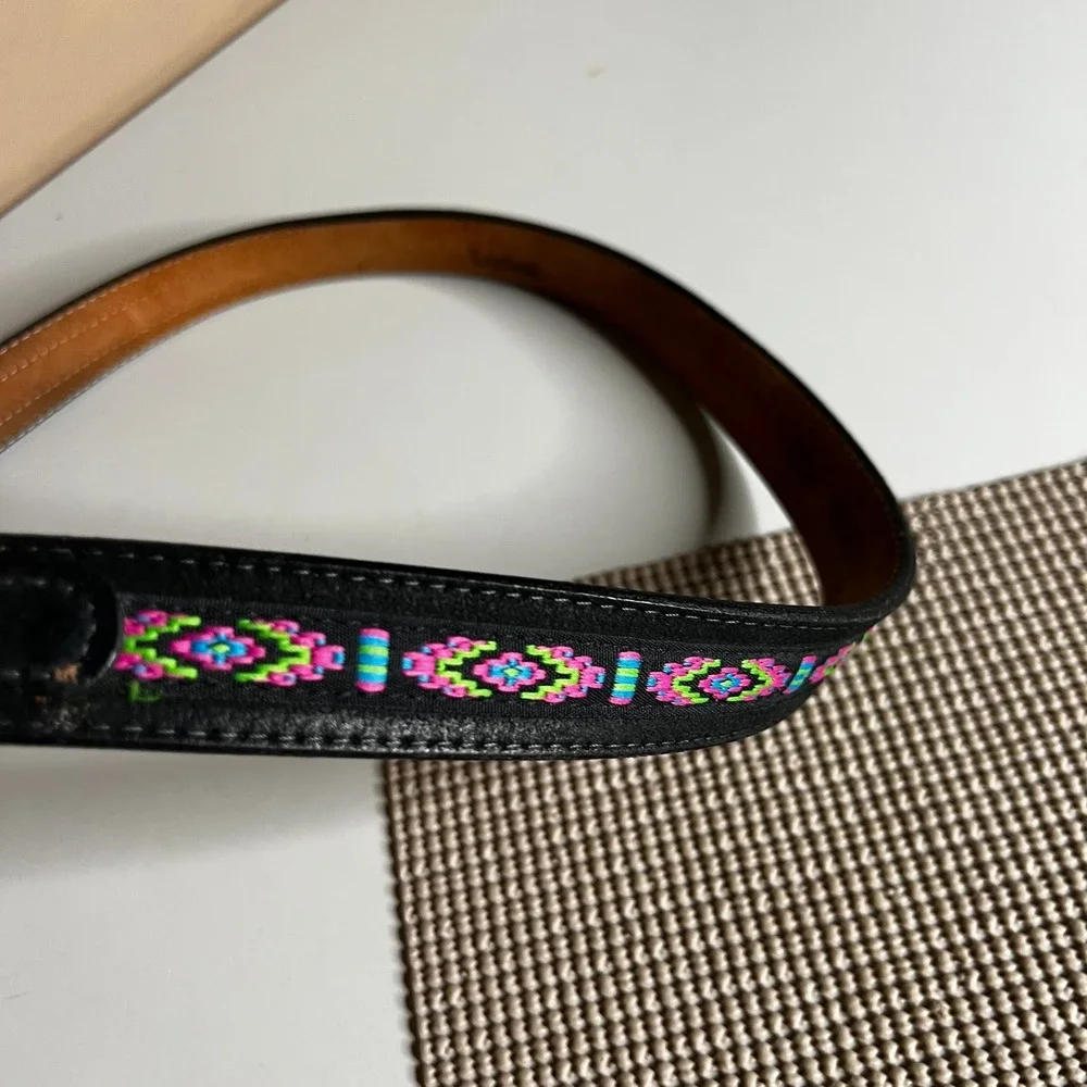 Lucchese Black Leather Southwestern Embroidered Western Belt Silver Buckle 2315